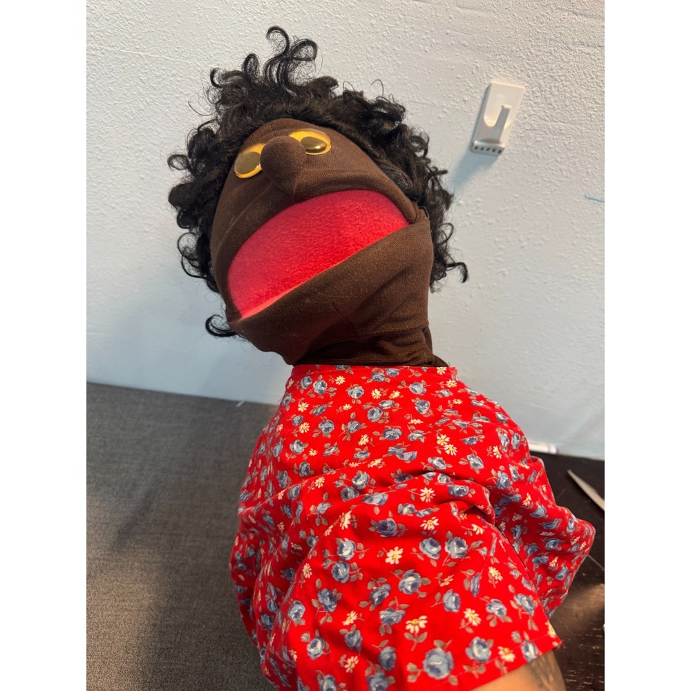 Vintage African American Red Floral Dress Curly Hair Black Girl‎ Hand Puppet 20"